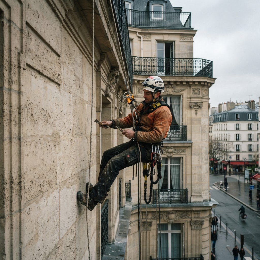 Cordiste TRAPEZE réalisant des travaux sur une façade en hauteur