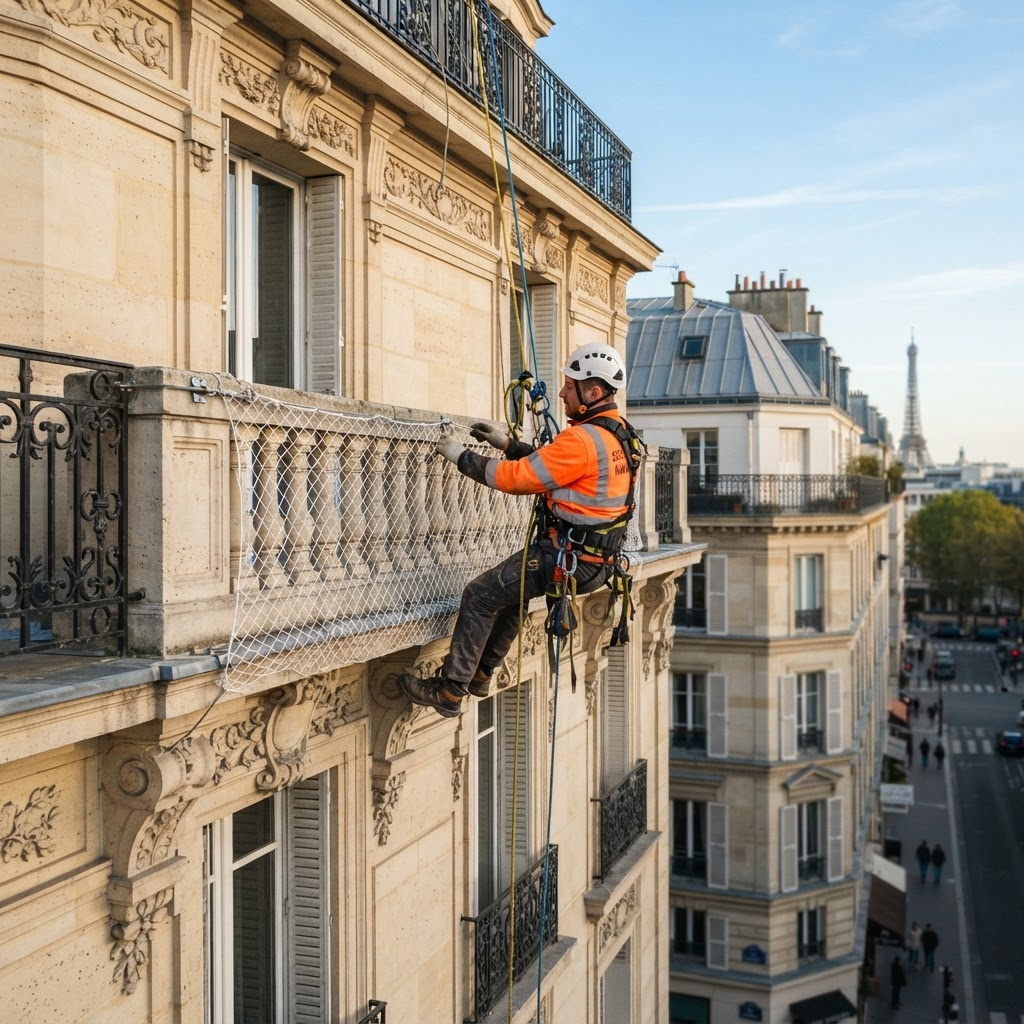 Cordistes TRAPEZE réalisant une reprise de maçonnerie sur une façade