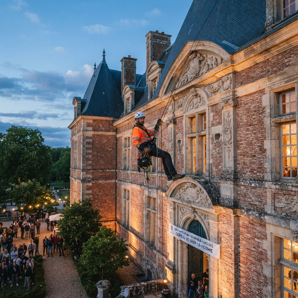 Cordiste TRAPEZE en démonstration de rappel sur un château