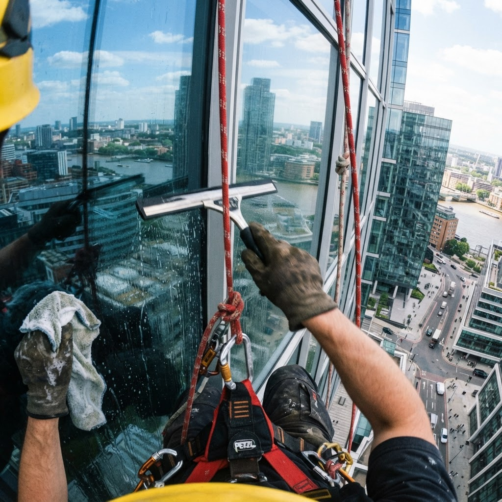 Cordiste TRAPEZE nettoyant une vitre en hauteur